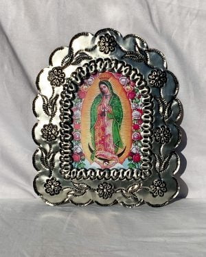 Arch tin flower pressed frame with Virgin Mary