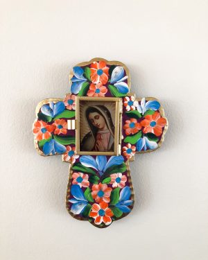 Tin Cross with virgin mary inside glass window
