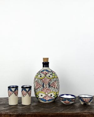 decanter set with shot glasses and two bowls