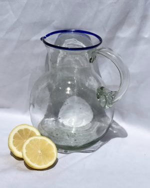 Glass margarita pitcher with blue rim